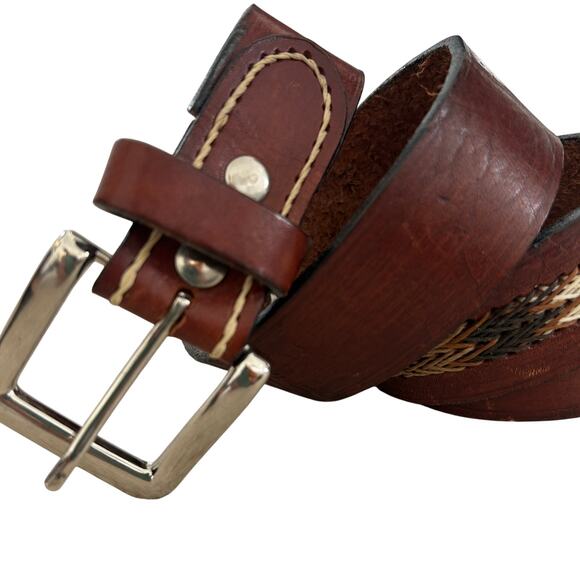 Women’s Vintage Brown Leather Belt Western Boho Woven Silver Buckle 43\